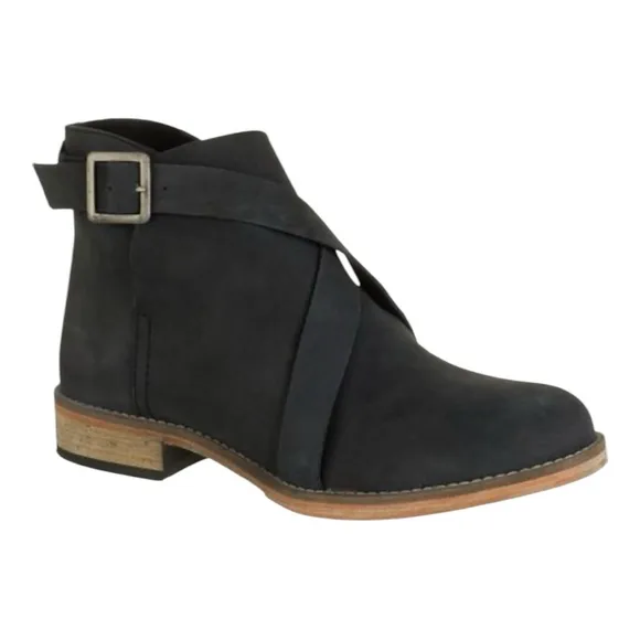 FREE PEOPLE LAS PALMAS DISTRESSED BLACK LEATHER ANKLE BOOTS WITH BUCKLE DETAIL