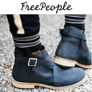 FREE PEOPLE LAS PALMAS DISTRESSED BLACK LEATHER ANKLE BOOTS WITH BUCKLE DETAIL