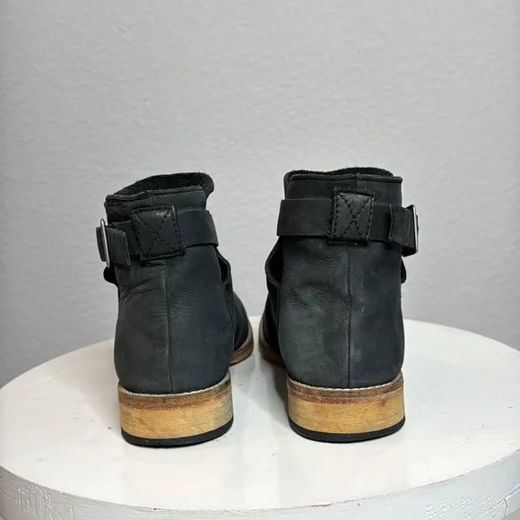 FREE PEOPLE LAS PALMAS DISTRESSED BLACK LEATHER ANKLE BOOTS WITH BUCKLE DETAIL