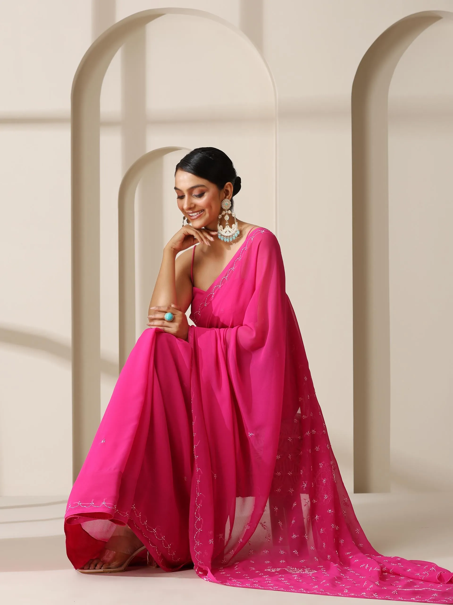 Fuchsia Rahet Hand Chikankari Saree with Blouse Fabric