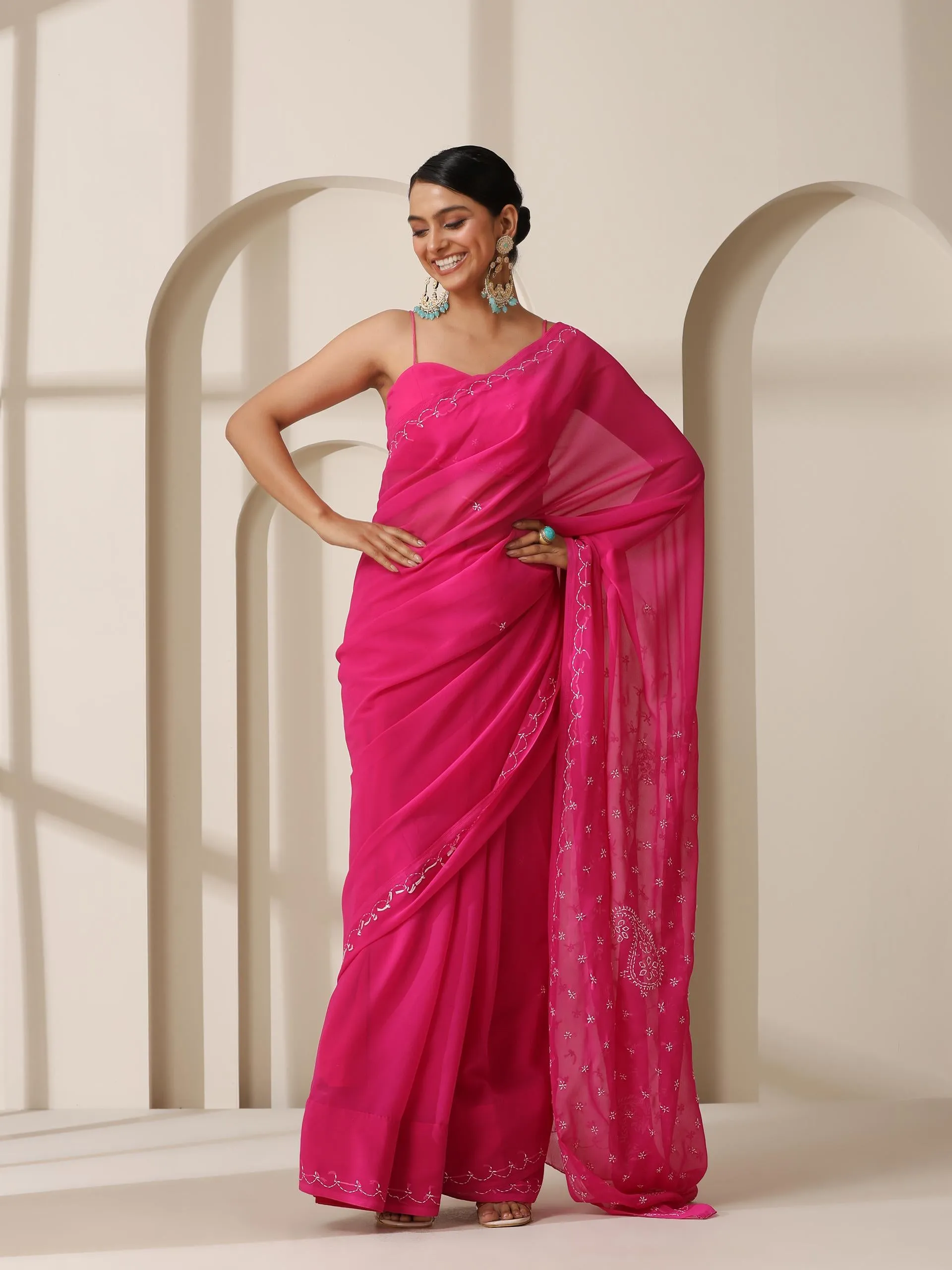 Fuchsia Rahet Hand Chikankari Saree with Blouse Fabric
