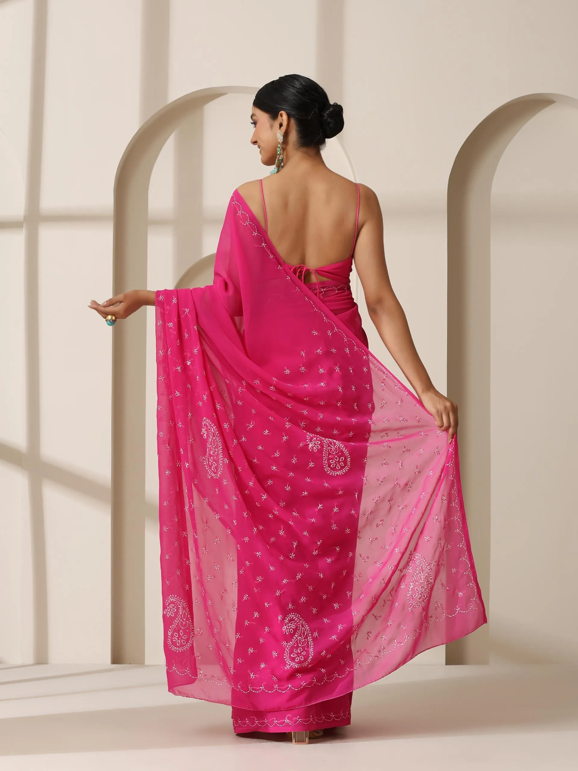 Fuchsia Rahet Hand Chikankari Saree with Blouse Fabric