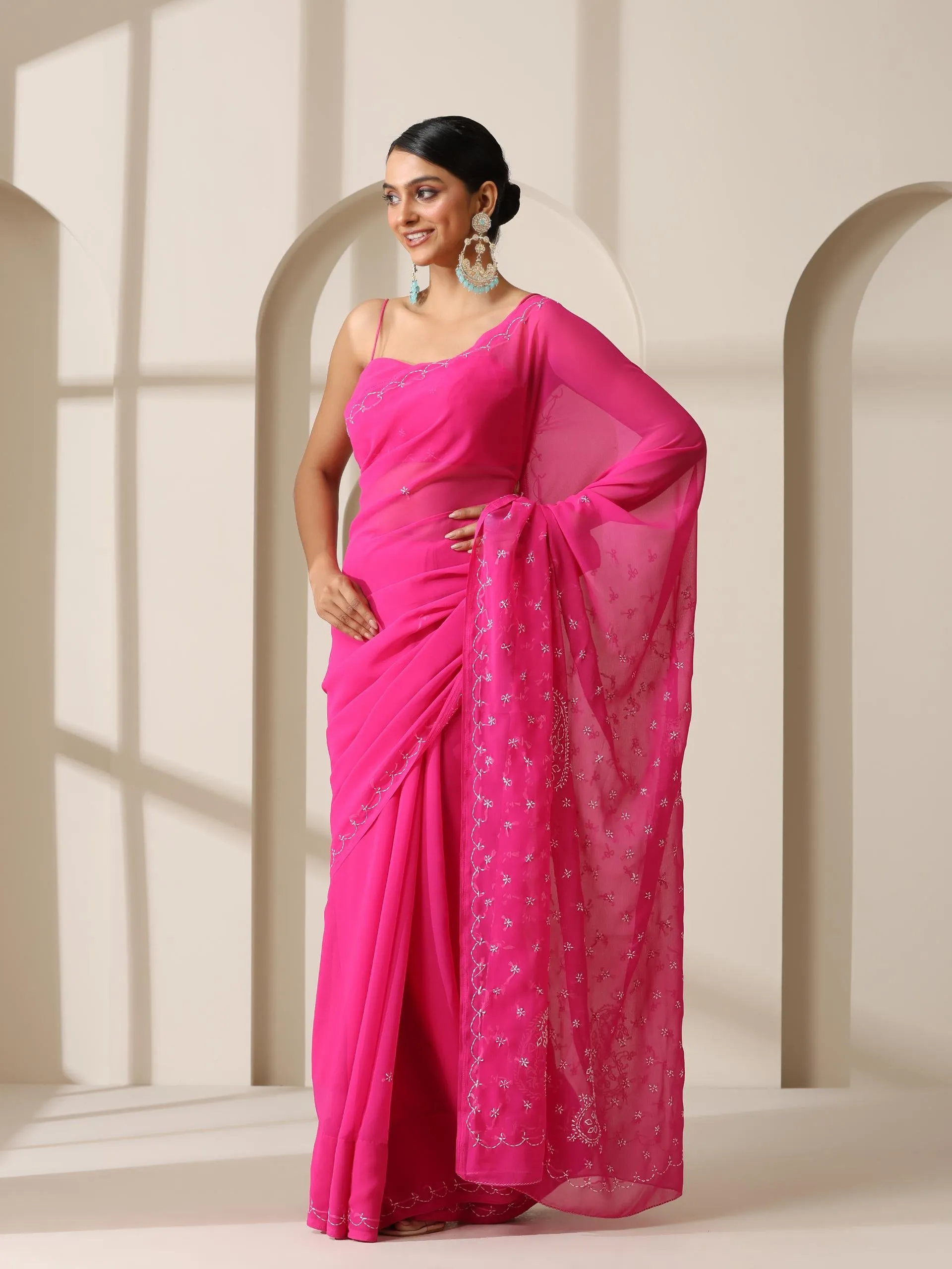 Fuchsia Rahet Hand Chikankari Saree with Blouse Fabric