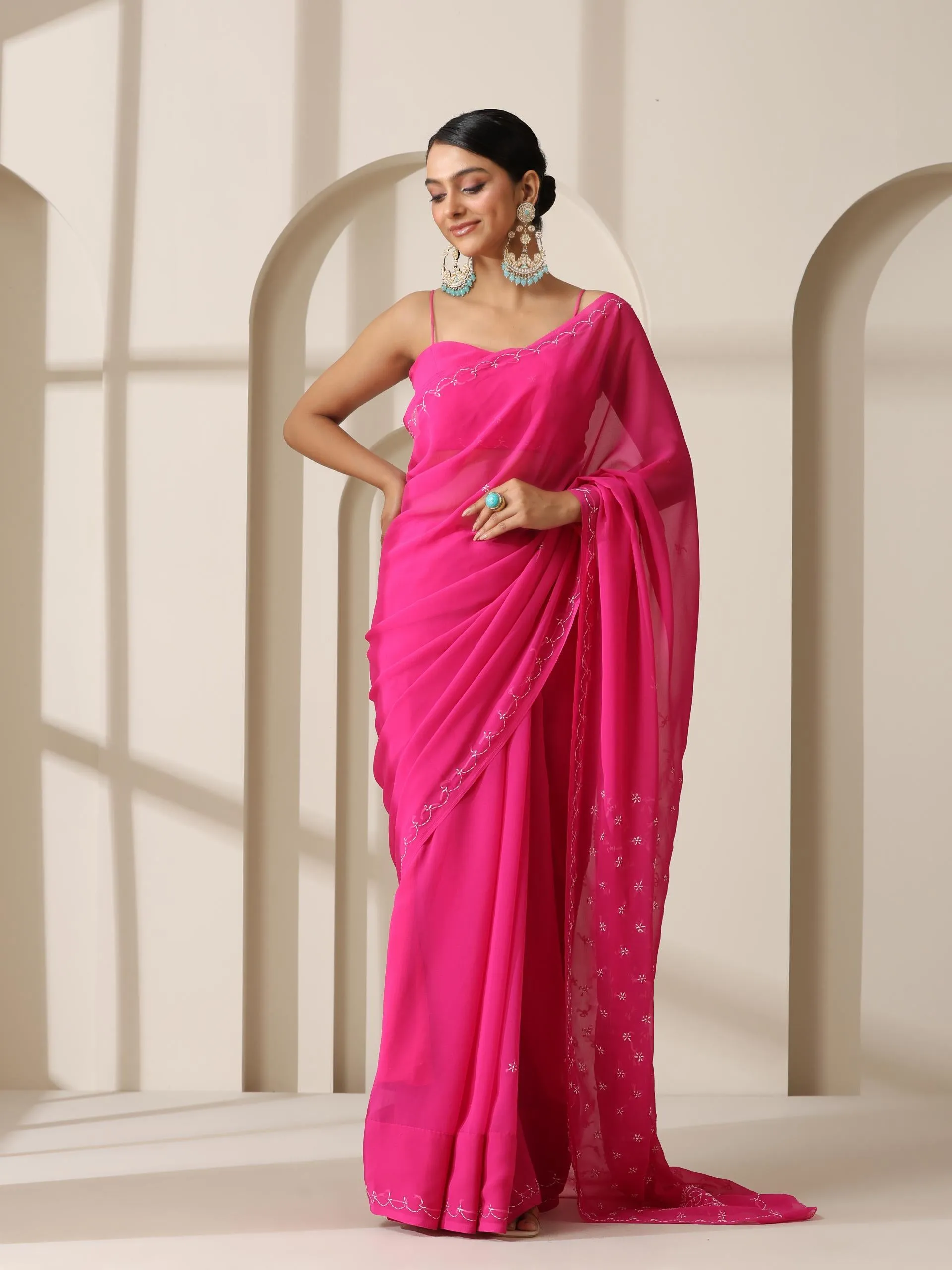 Fuchsia Rahet Hand Chikankari Saree with Blouse Fabric