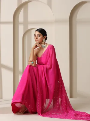 Fuchsia Rahet Hand Chikankari Saree with Blouse Fabric
