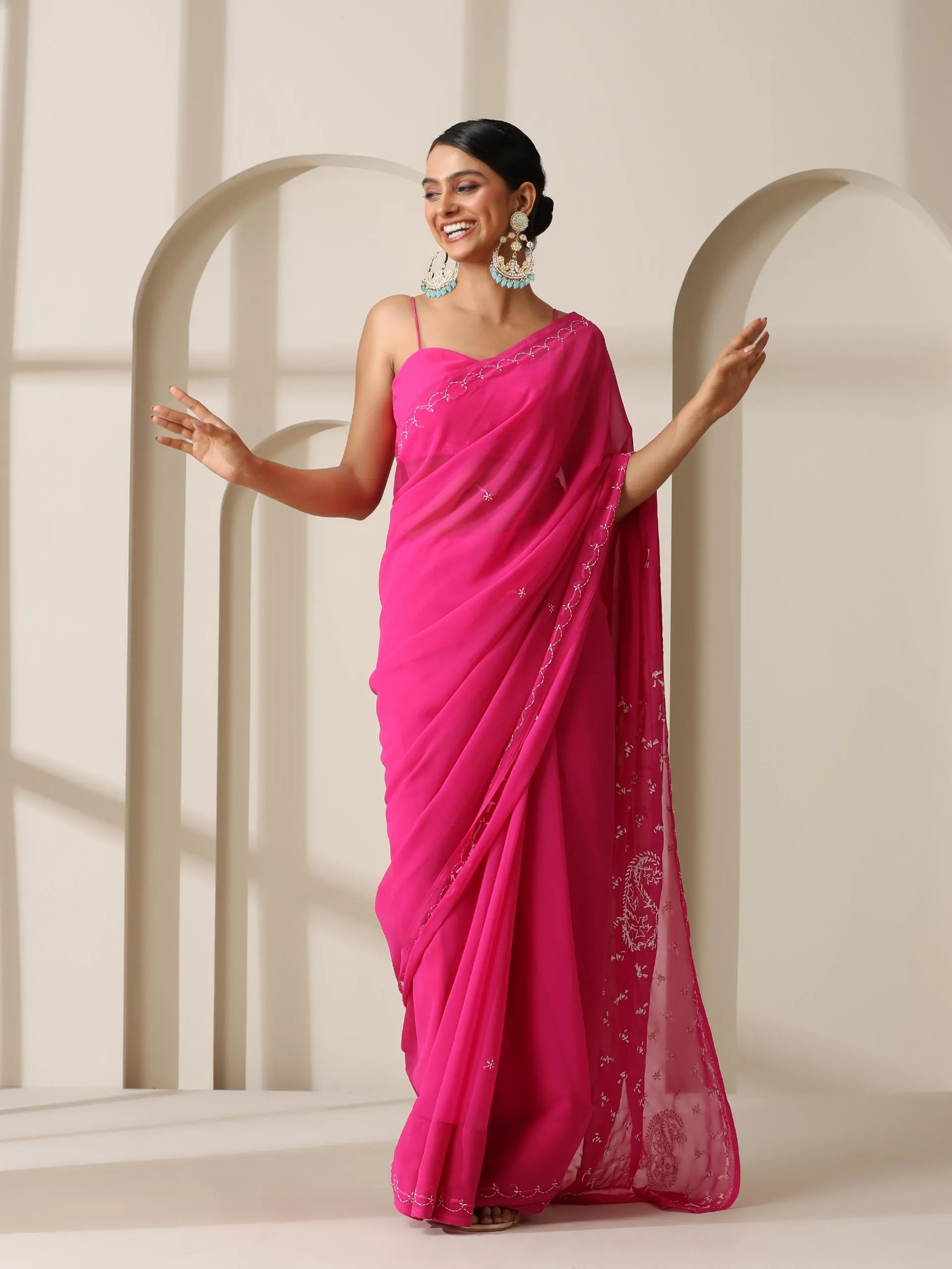 Fuchsia Rahet Hand Chikankari Saree with Blouse Fabric