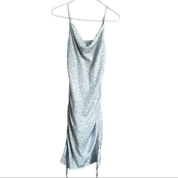 GARAGE Mini Floral Ditsy Floral Print Side Ruched Satin Cowl Neck Slip Dress