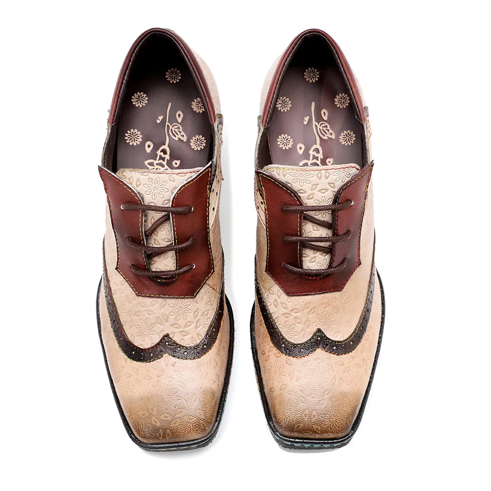 Genuine Leather Floral Embossed Adele Low Heel Oxford Shoes