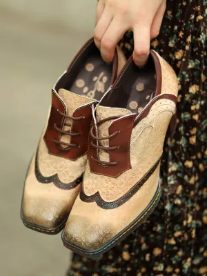 Genuine Leather Floral Embossed Adele Low Heel Oxford Shoes