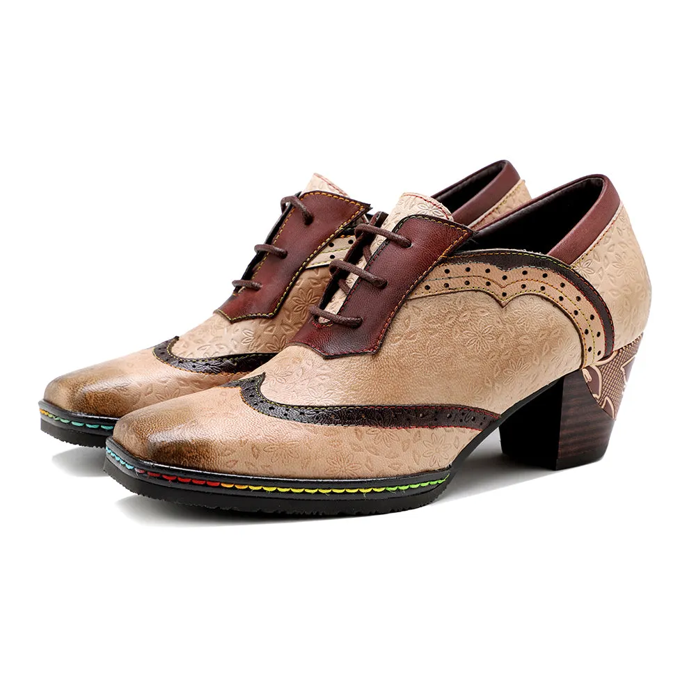 Genuine Leather Floral Embossed Adele Low Heel Oxford Shoes