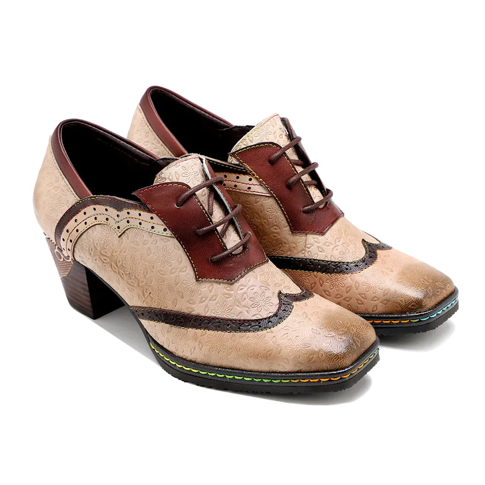 Genuine Leather Floral Embossed Adele Low Heel Oxford Shoes
