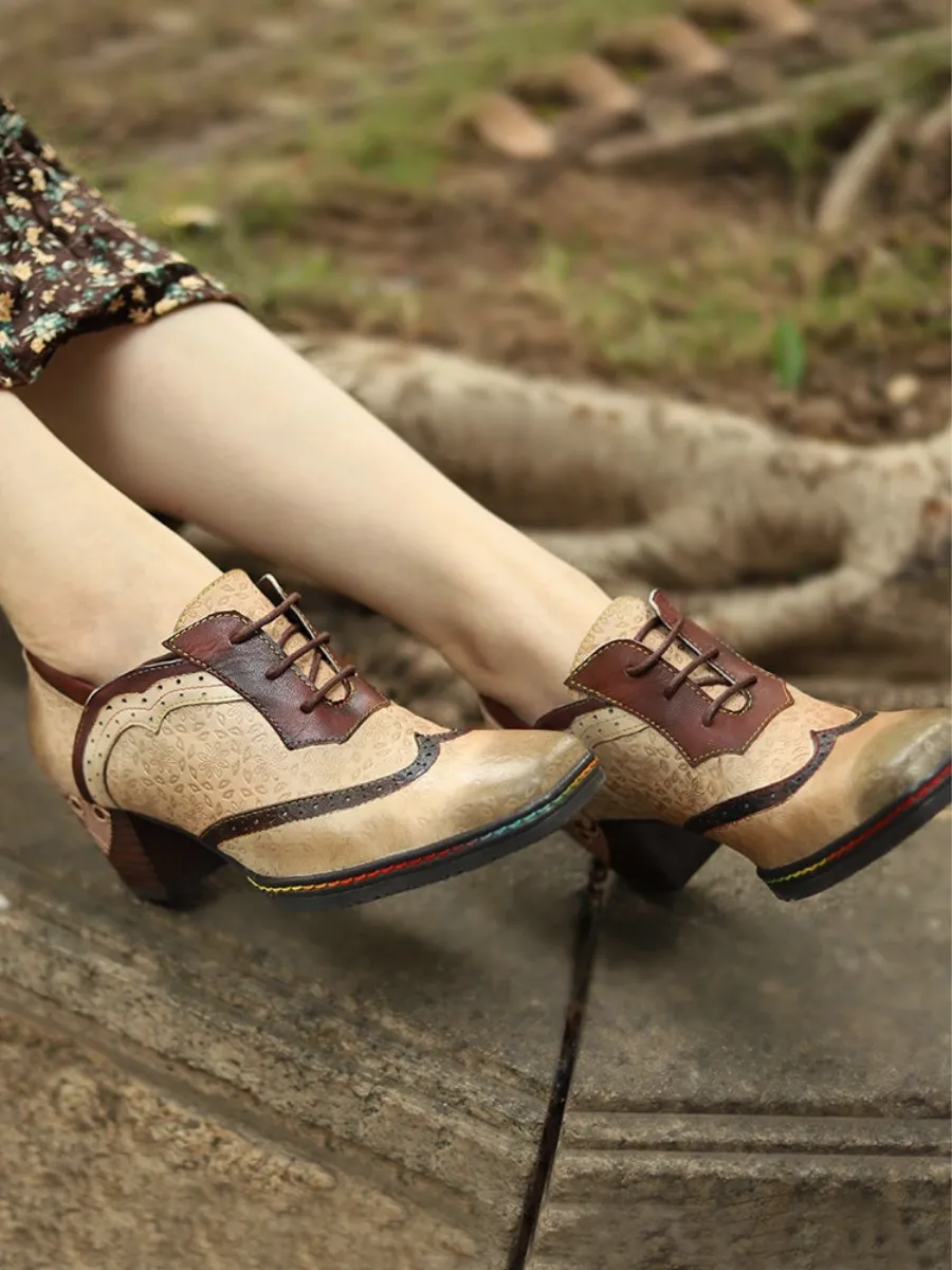 Genuine Leather Floral Embossed Adele Low Heel Oxford Shoes