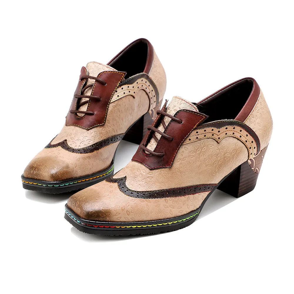 Genuine Leather Floral Embossed Adele Low Heel Oxford Shoes
