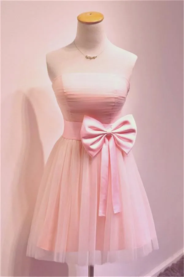 Girly Simple Short Pink Cheap Strapless Homecoming Dress Bridesmaid Dress K484
