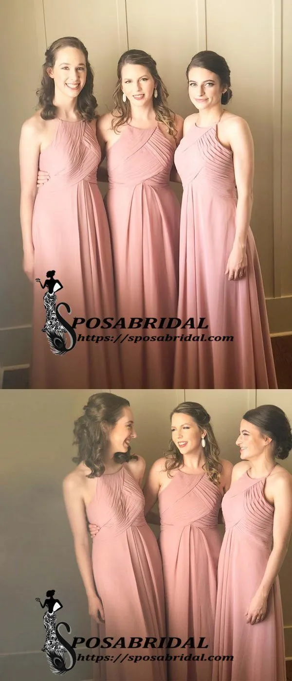 Glamorous Chiffon Halter Floor-length A-line Dusty Pink Cheap Modest Bridesmaid Dresses,WG335