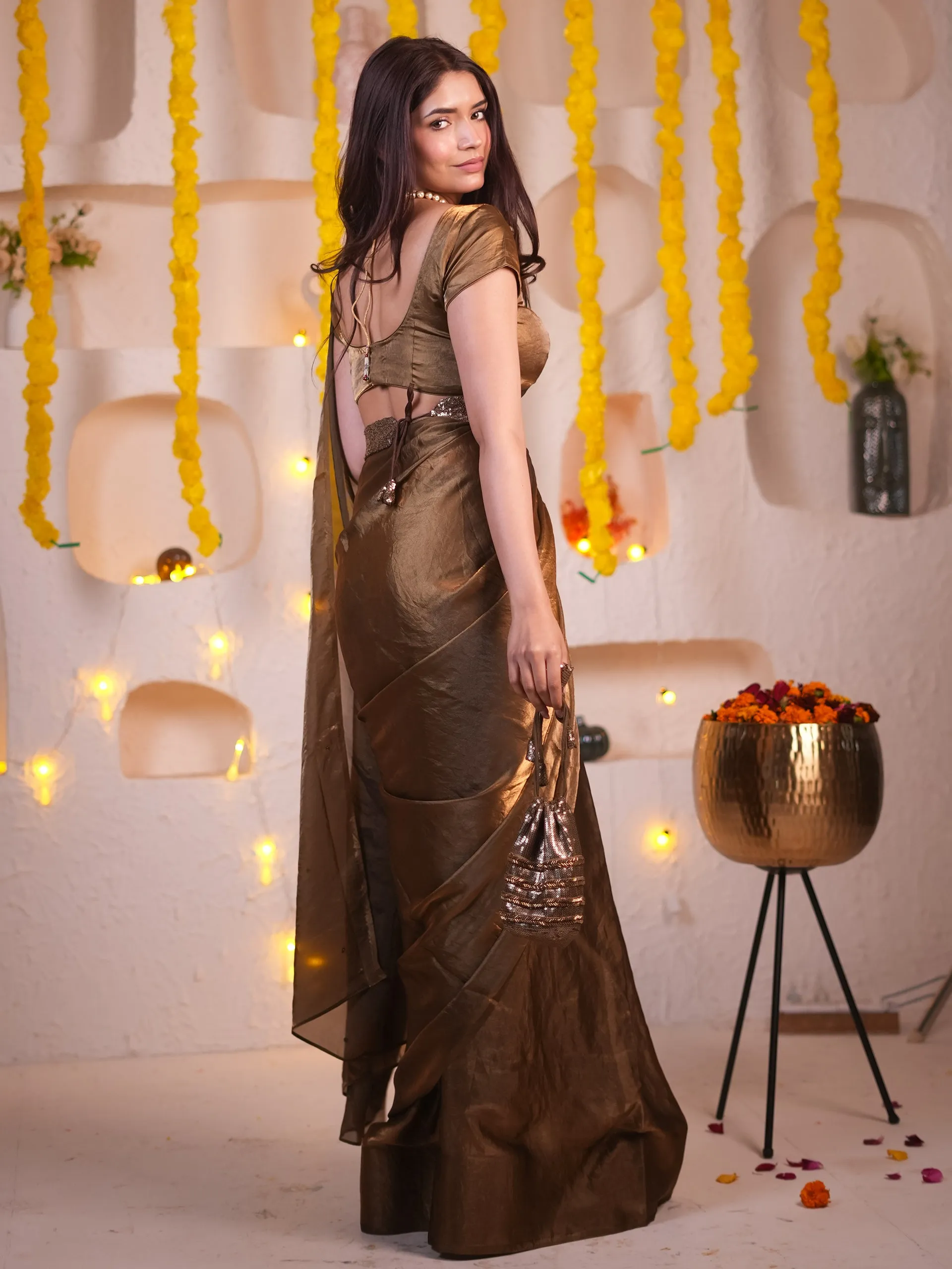 Gold Rush Metallic Satin Saree with Sequins and Blouse Fabric