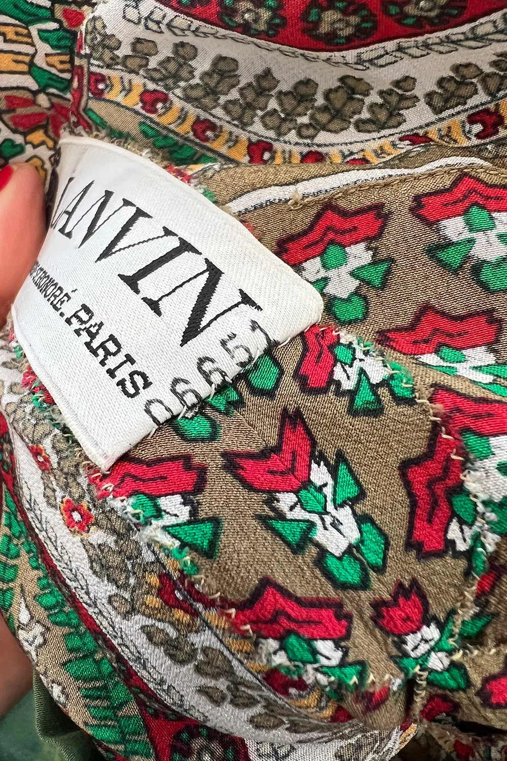 Gorgeous 1970s Lanvin Couture Printed Gathered Silk Caftan Dress w Balloon Sleeves & Felt Hem