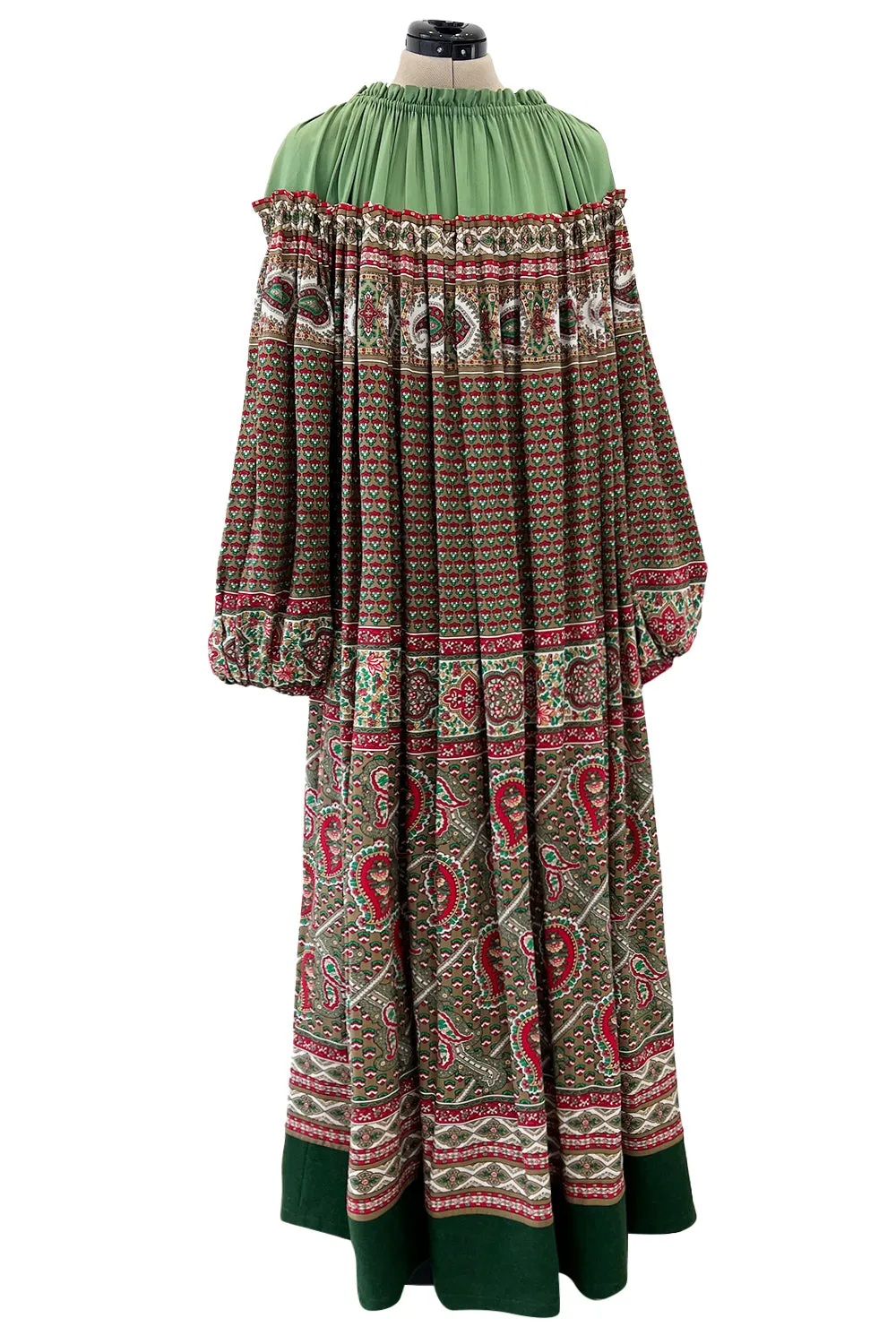 Gorgeous 1970s Lanvin Couture Printed Gathered Silk Caftan Dress w Balloon Sleeves & Felt Hem