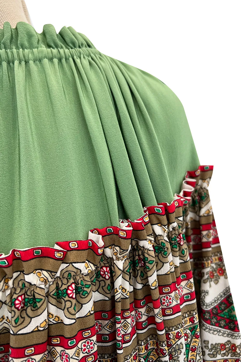 Gorgeous 1970s Lanvin Couture Printed Gathered Silk Caftan Dress w Balloon Sleeves & Felt Hem
