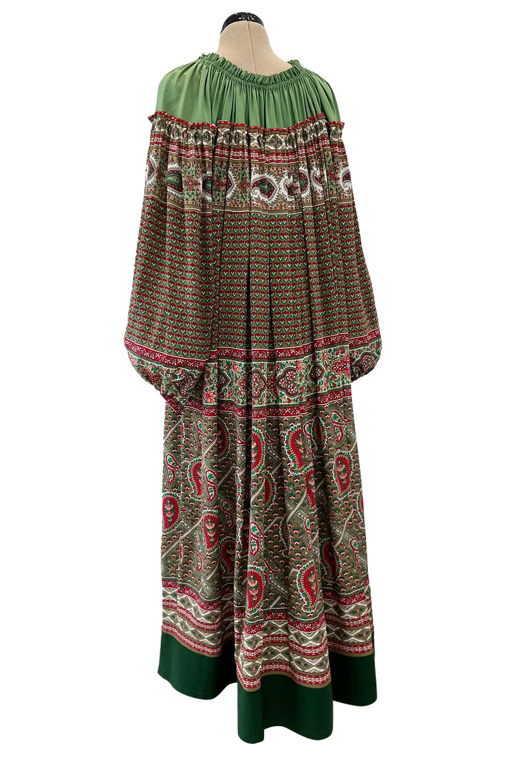 Gorgeous 1970s Lanvin Couture Printed Gathered Silk Caftan Dress w Balloon Sleeves & Felt Hem