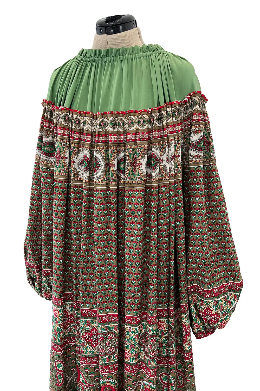 Gorgeous 1970s Lanvin Couture Printed Gathered Silk Caftan Dress w Balloon Sleeves & Felt Hem
