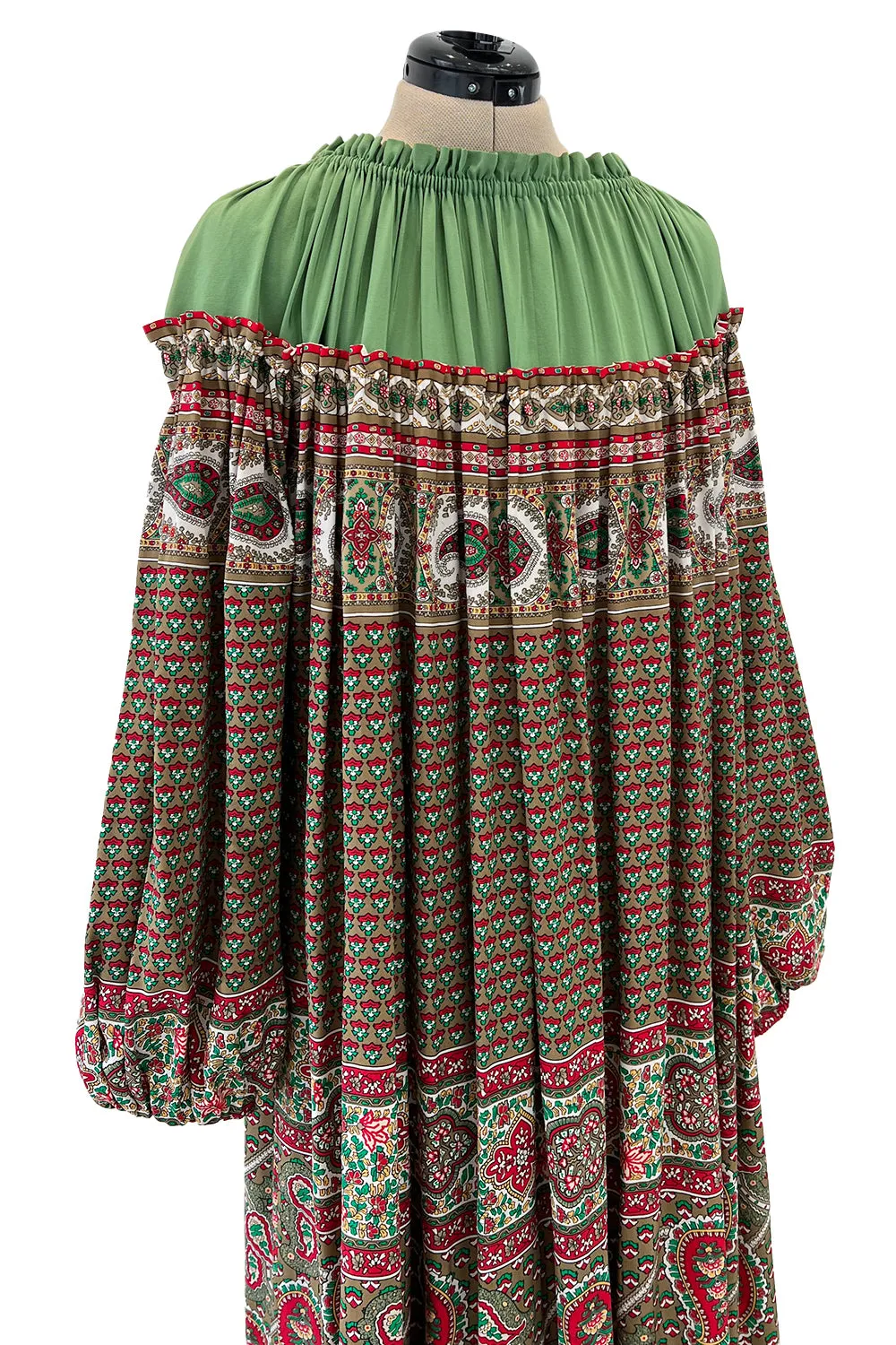 Gorgeous 1970s Lanvin Couture Printed Gathered Silk Caftan Dress w Balloon Sleeves & Felt Hem