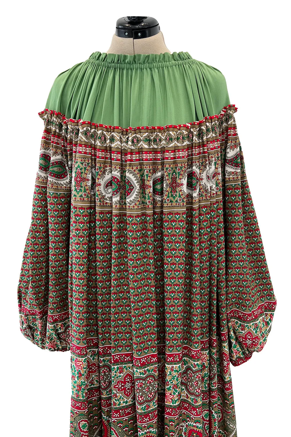 Gorgeous 1970s Lanvin Couture Printed Gathered Silk Caftan Dress w Balloon Sleeves & Felt Hem