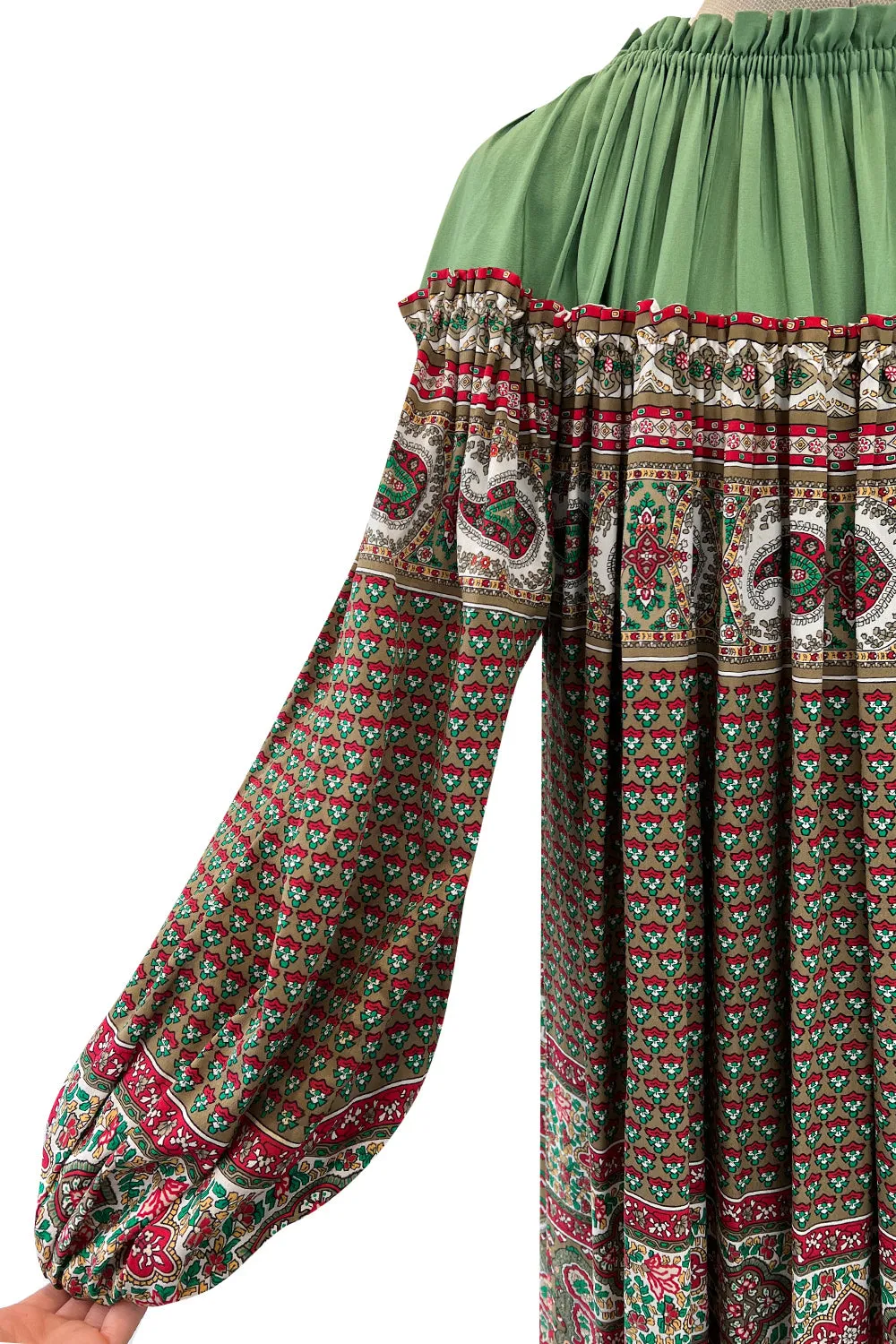 Gorgeous 1970s Lanvin Couture Printed Gathered Silk Caftan Dress w Balloon Sleeves & Felt Hem