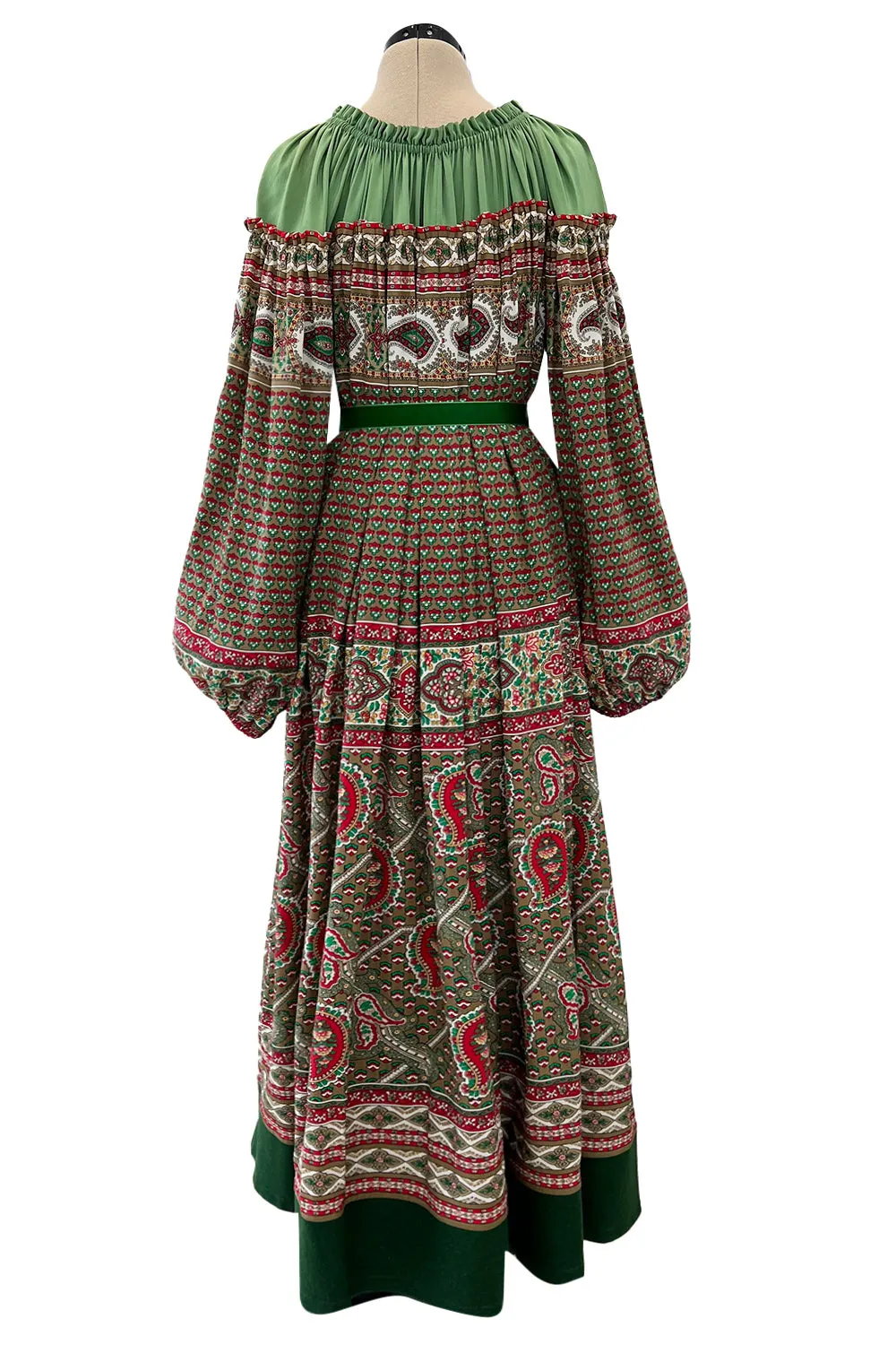 Gorgeous 1970s Lanvin Couture Printed Gathered Silk Caftan Dress w Balloon Sleeves & Felt Hem