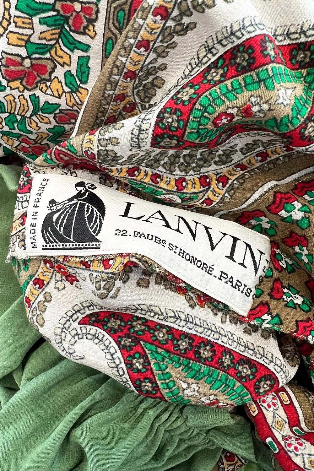 Gorgeous 1970s Lanvin Couture Printed Gathered Silk Caftan Dress w Balloon Sleeves & Felt Hem