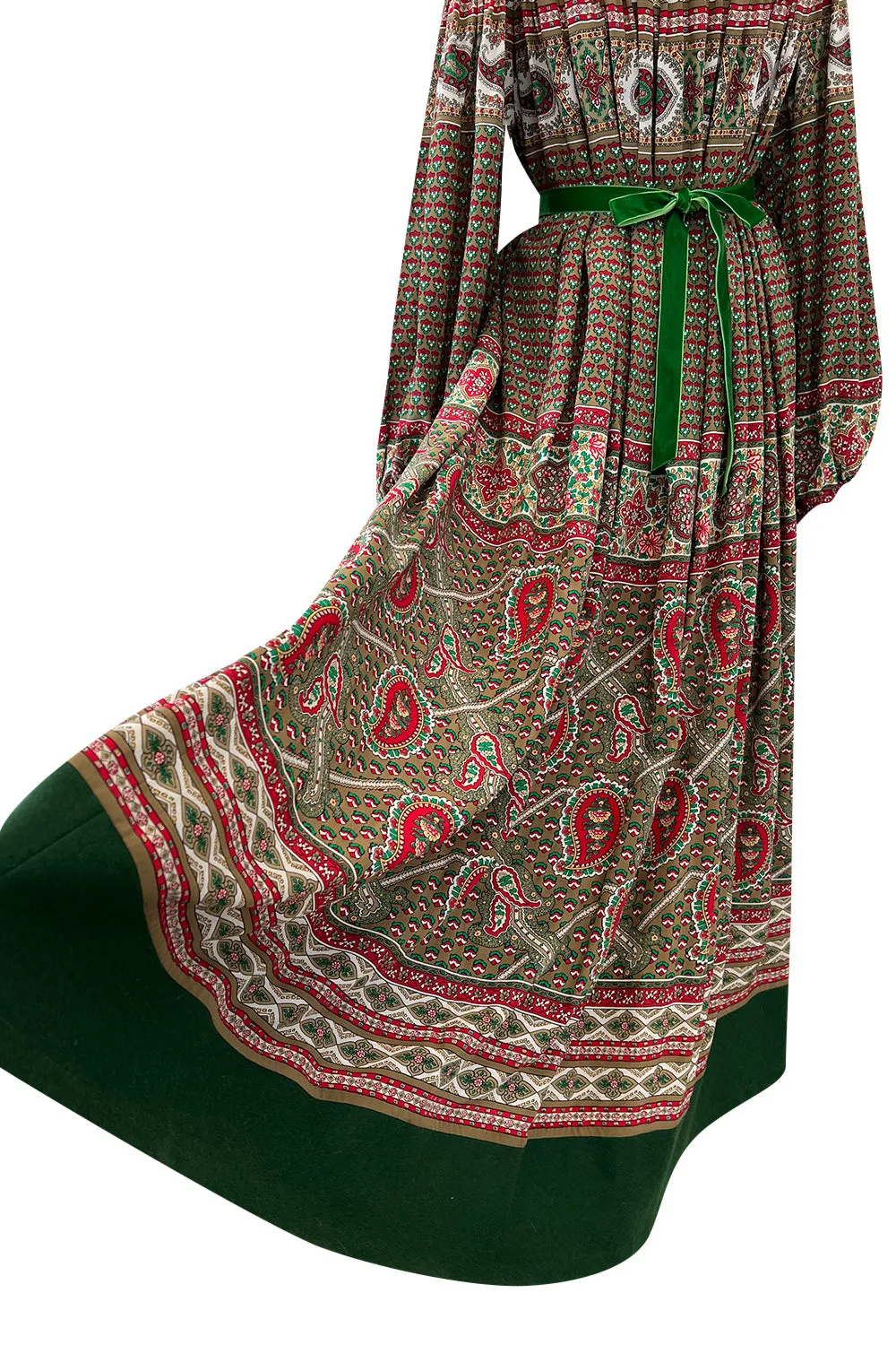 Gorgeous 1970s Lanvin Couture Printed Gathered Silk Caftan Dress w Balloon Sleeves & Felt Hem