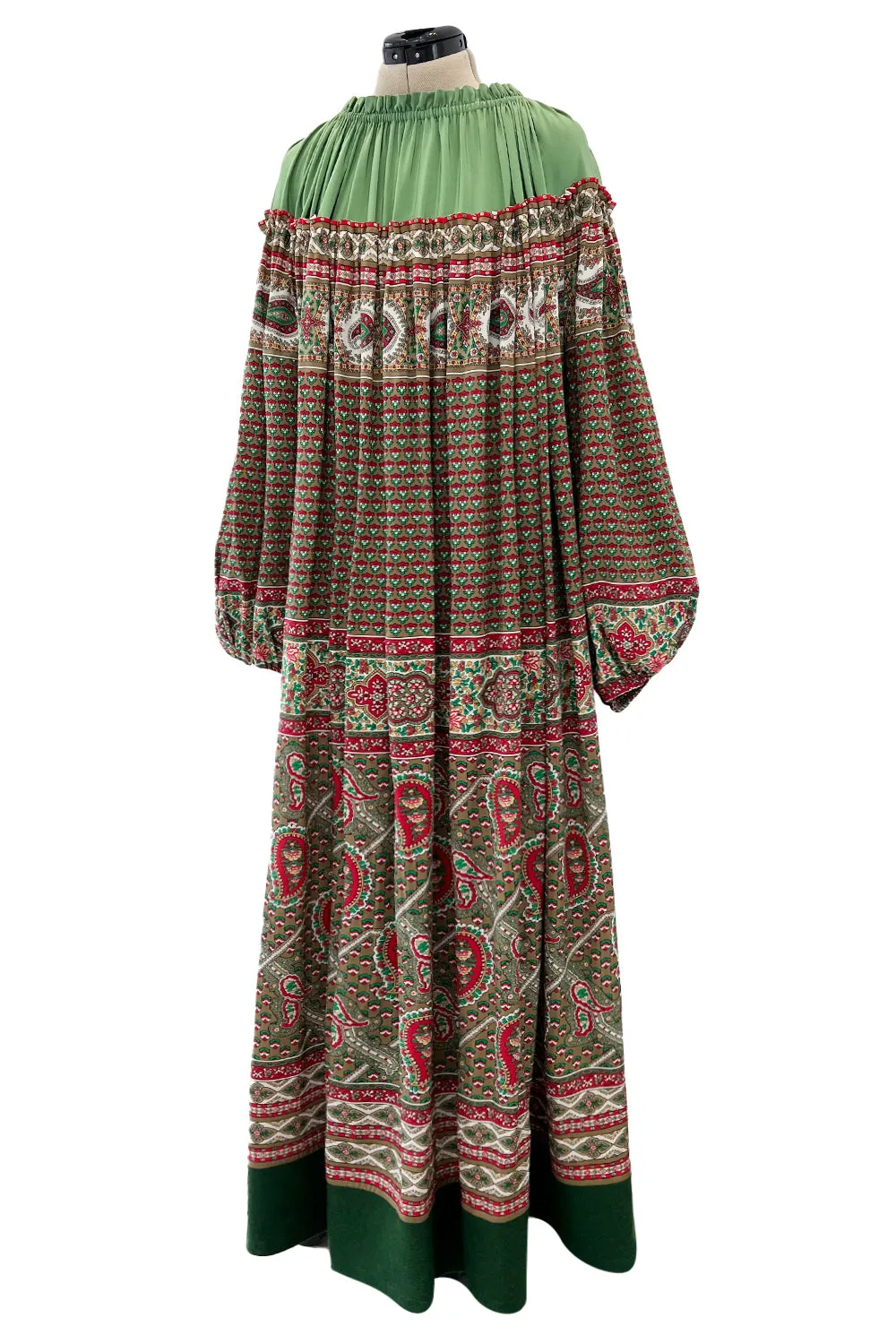 Gorgeous 1970s Lanvin Couture Printed Gathered Silk Caftan Dress w Balloon Sleeves & Felt Hem