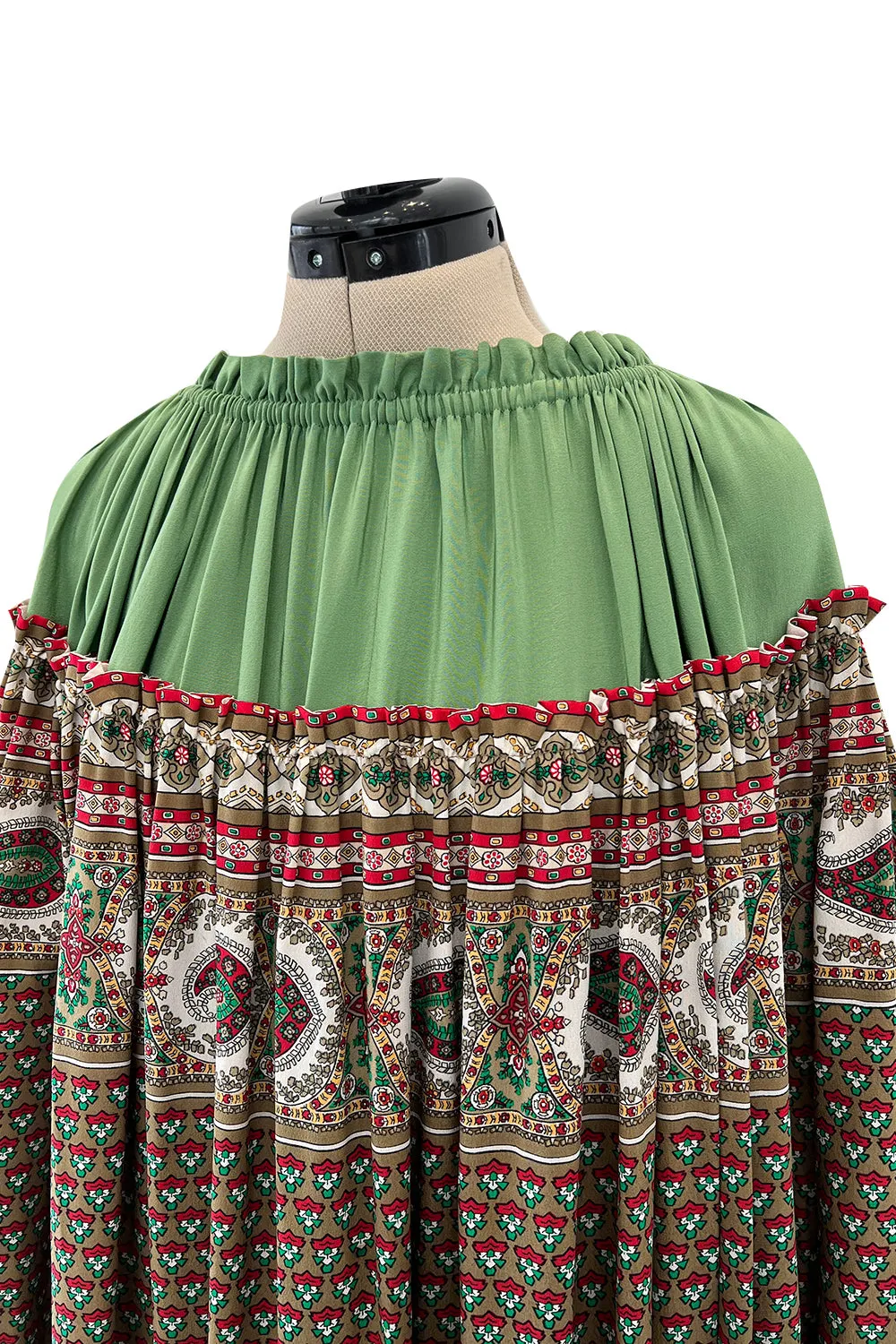 Gorgeous 1970s Lanvin Couture Printed Gathered Silk Caftan Dress w Balloon Sleeves & Felt Hem
