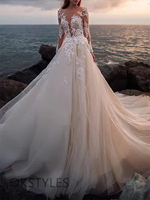 Gorgeous Long Sleeves Applique A-line White Wedding Dress Online, WD0526