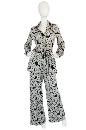 Graphic 1970s Hanae Mori Floral Print Jersey Pant & Top Set