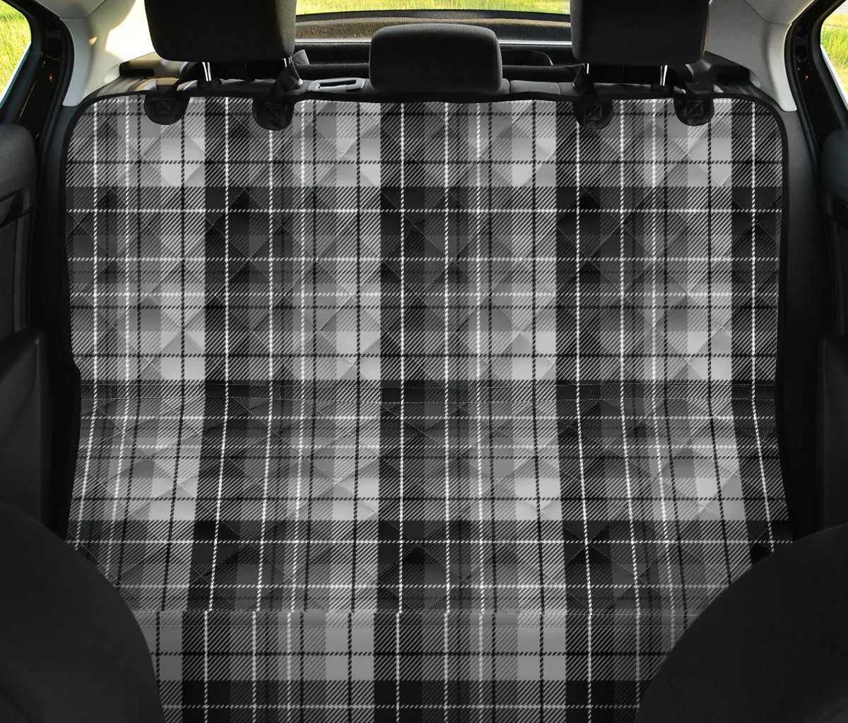 Gray, Black and White Tartan Plaid Back Seat Cover For Pets