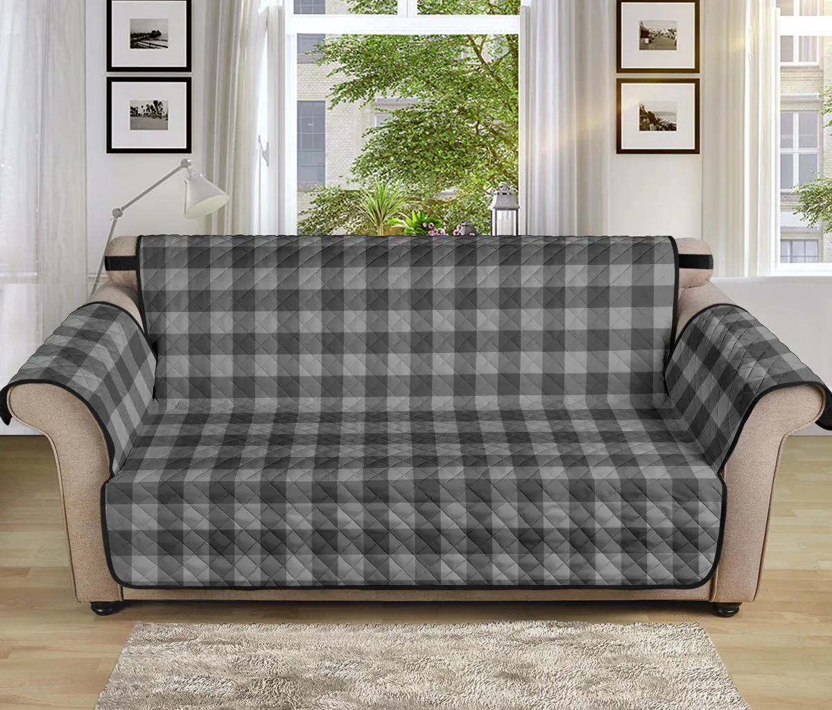 Gray Buffalo Plaid Sofa Protector Couch Cover 70" Seat Width