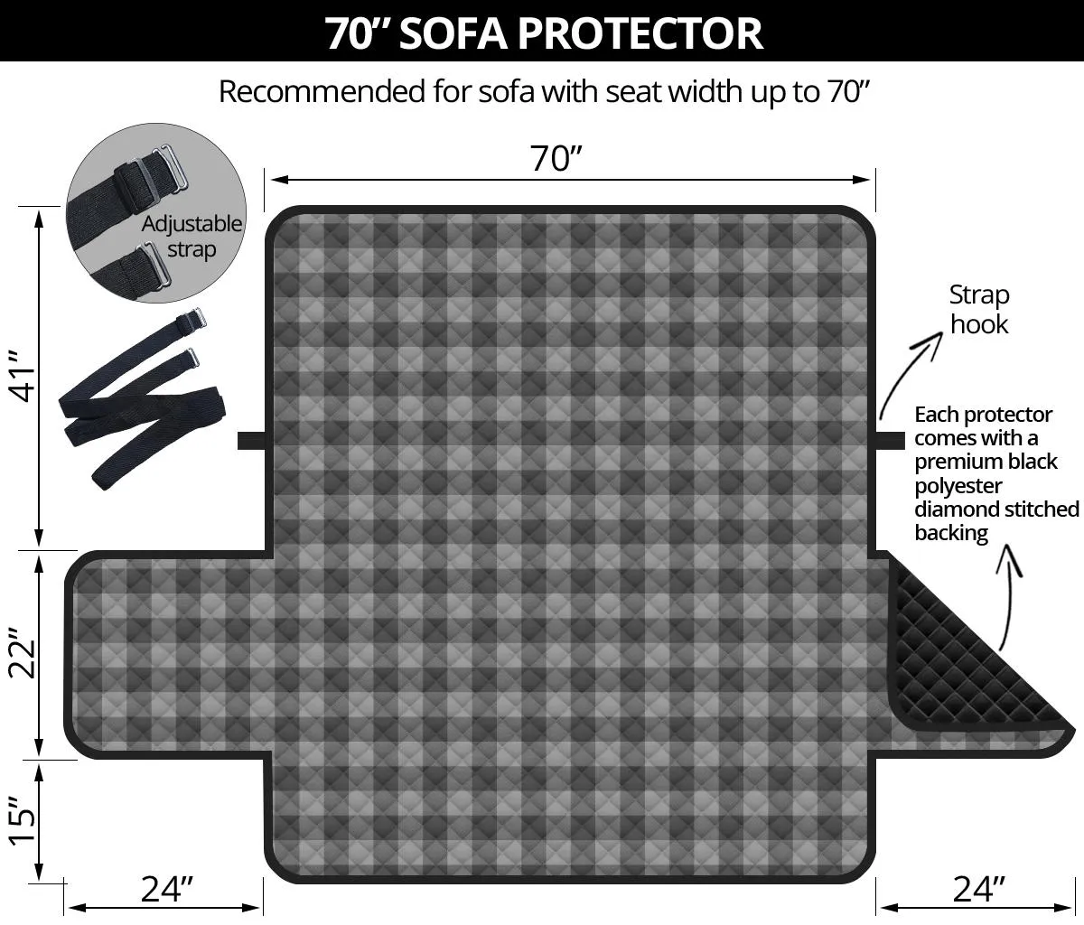 Gray Buffalo Plaid Sofa Protector Couch Cover 70" Seat Width