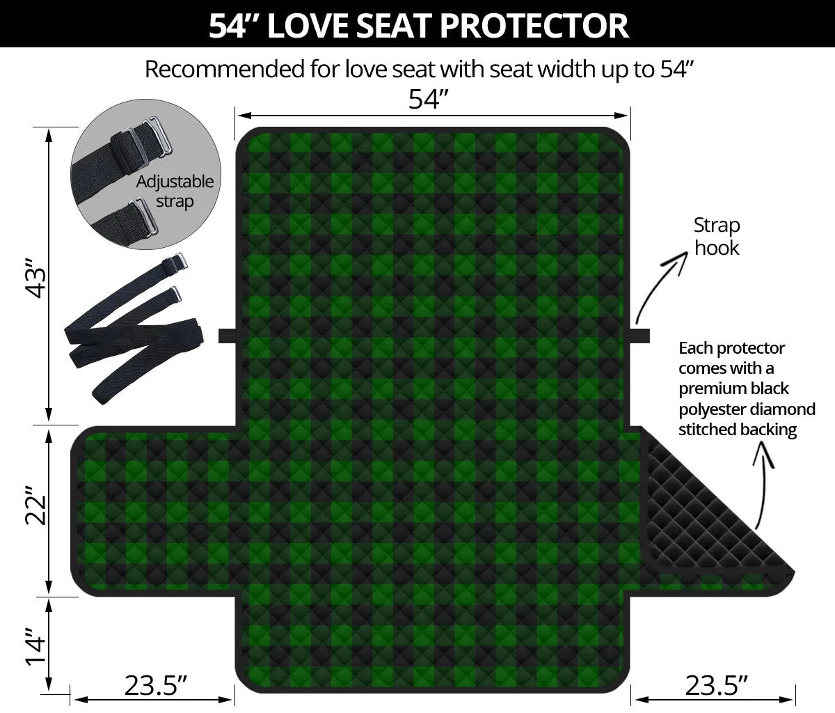 Green Buffalo Plaid 54" Loveseat Couch Cover Sofa Protector Farmhouse Decor