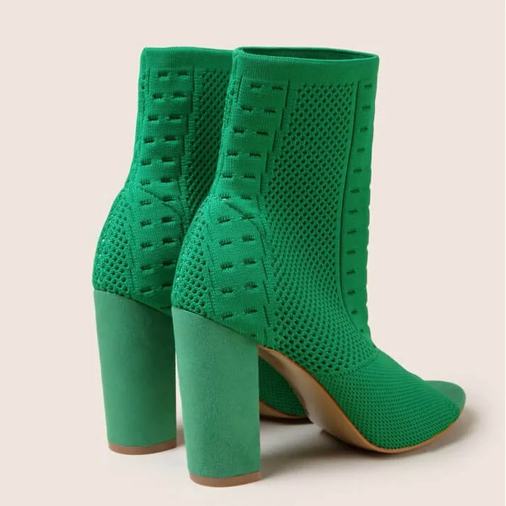 Green Chunky Heel Knitted Ankle Boots