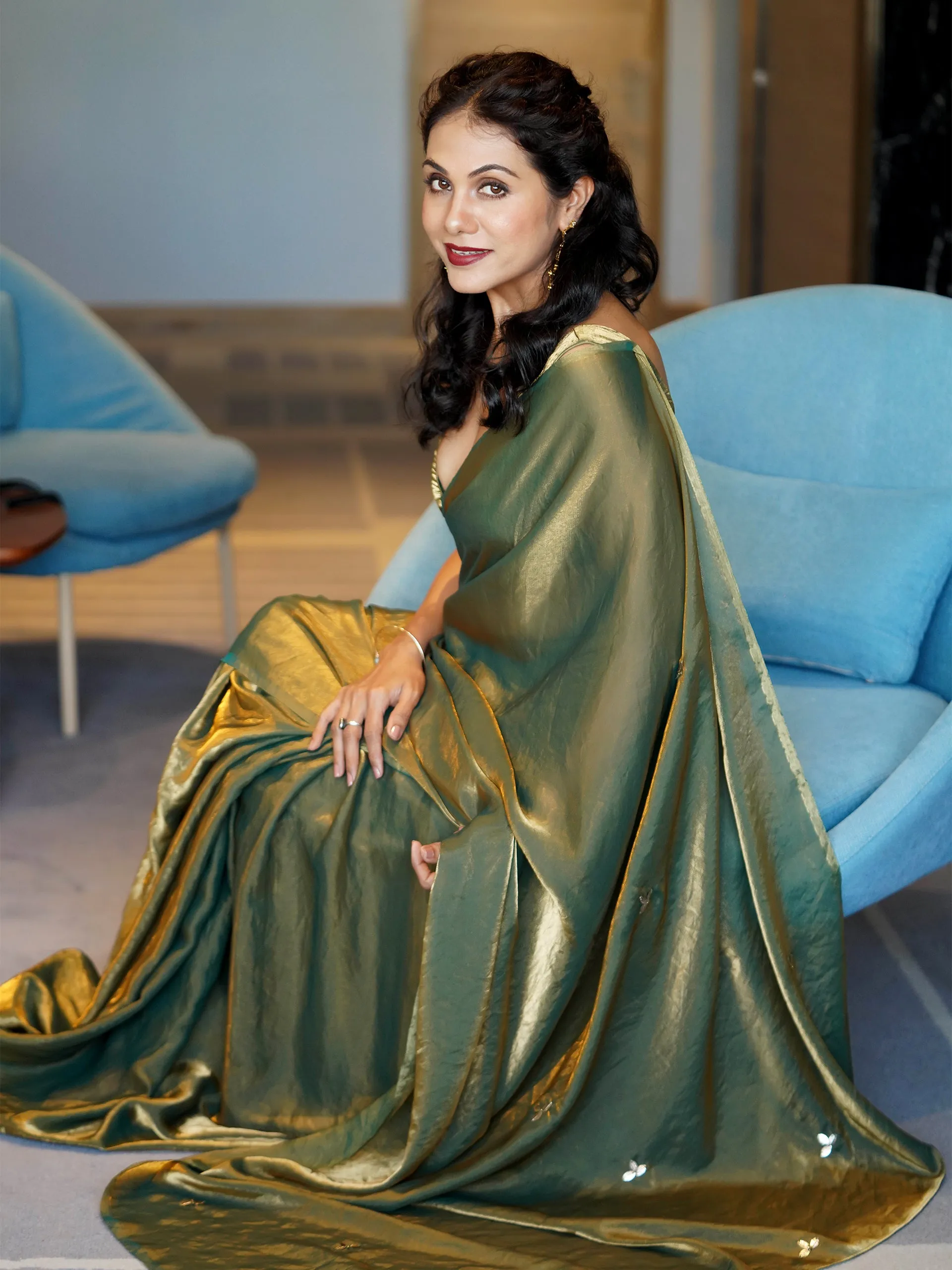 Green Copper Metallic Satin Saree with Leaf Sequins and Blouse Fabric