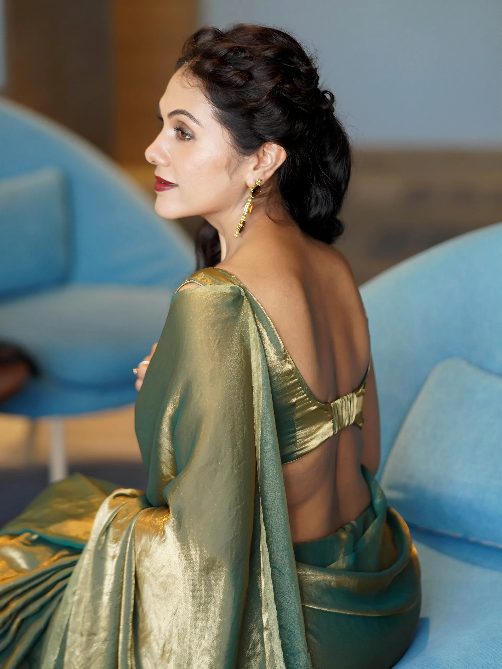 Green Copper Metallic Satin Saree with Leaf Sequins and Blouse Fabric
