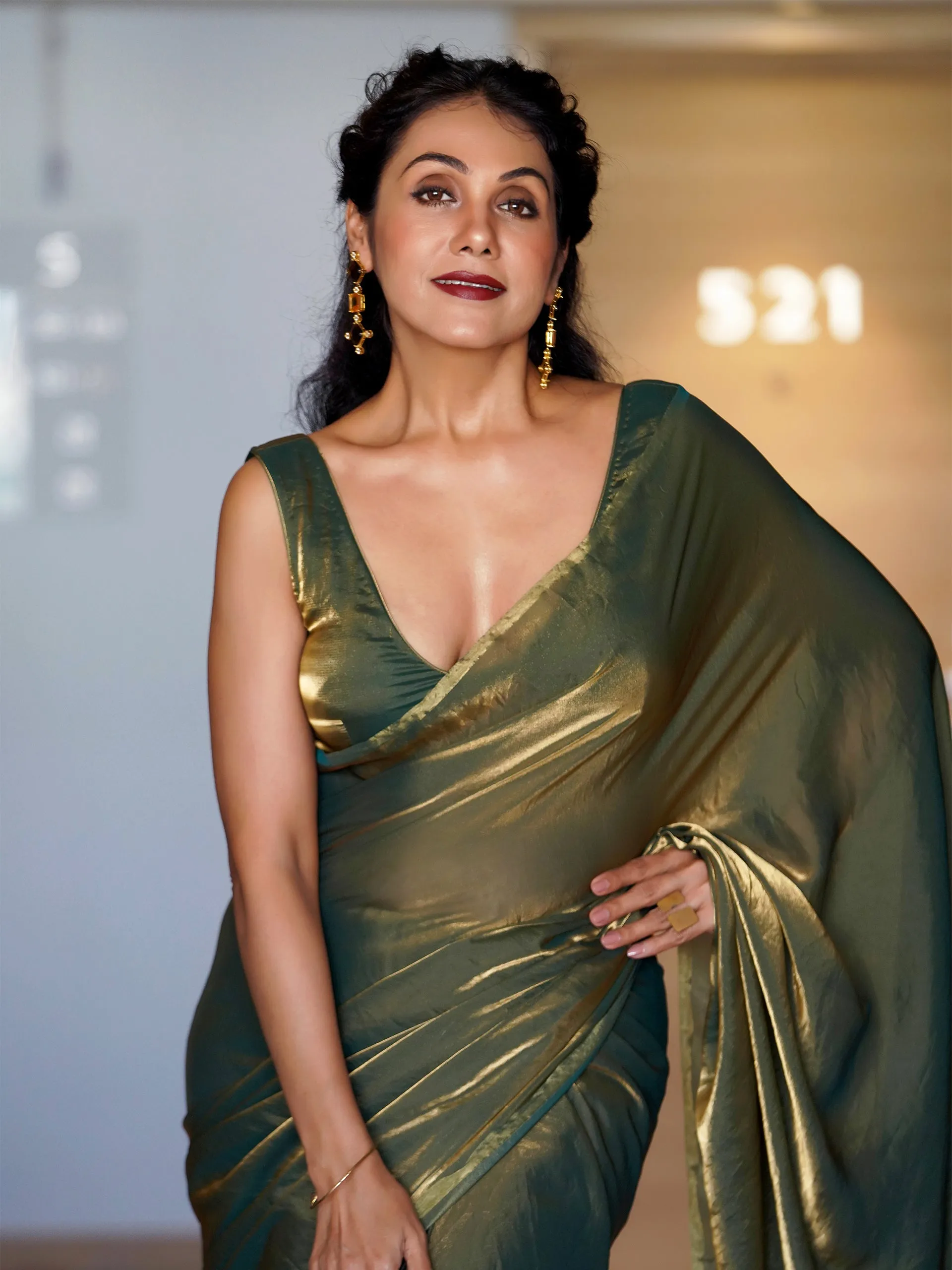 Green Copper Metallic Satin Saree with Leaf Sequins and Blouse Fabric