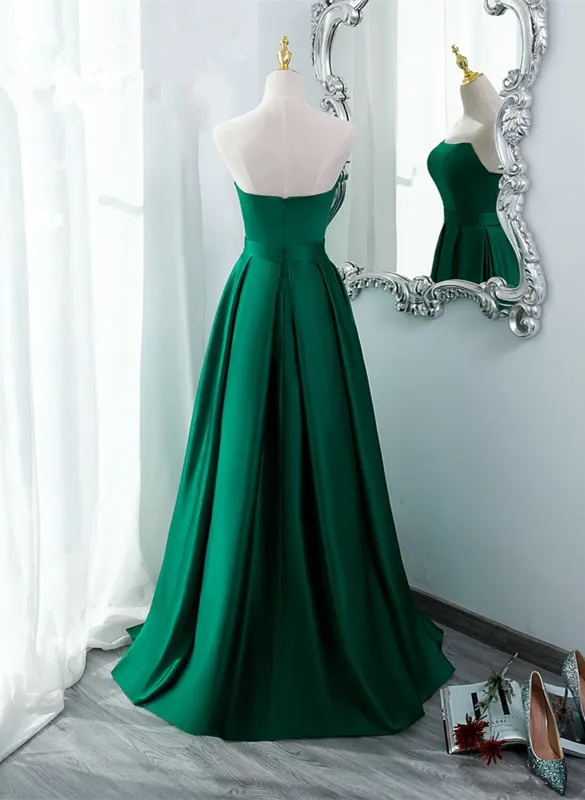 Green Simple Satin Long Prom Dress with Leg Slit, Green Evening Formal Dress