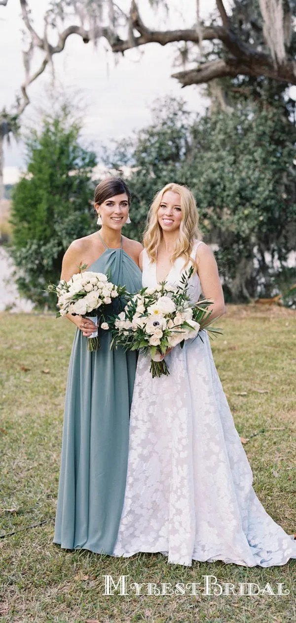 Halter A-line Simple Long Cheap Chiffon Bridesmaid Dresses, TYP0033
