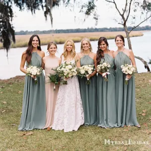 Halter A-line Simple Long Cheap Chiffon Bridesmaid Dresses, TYP0033