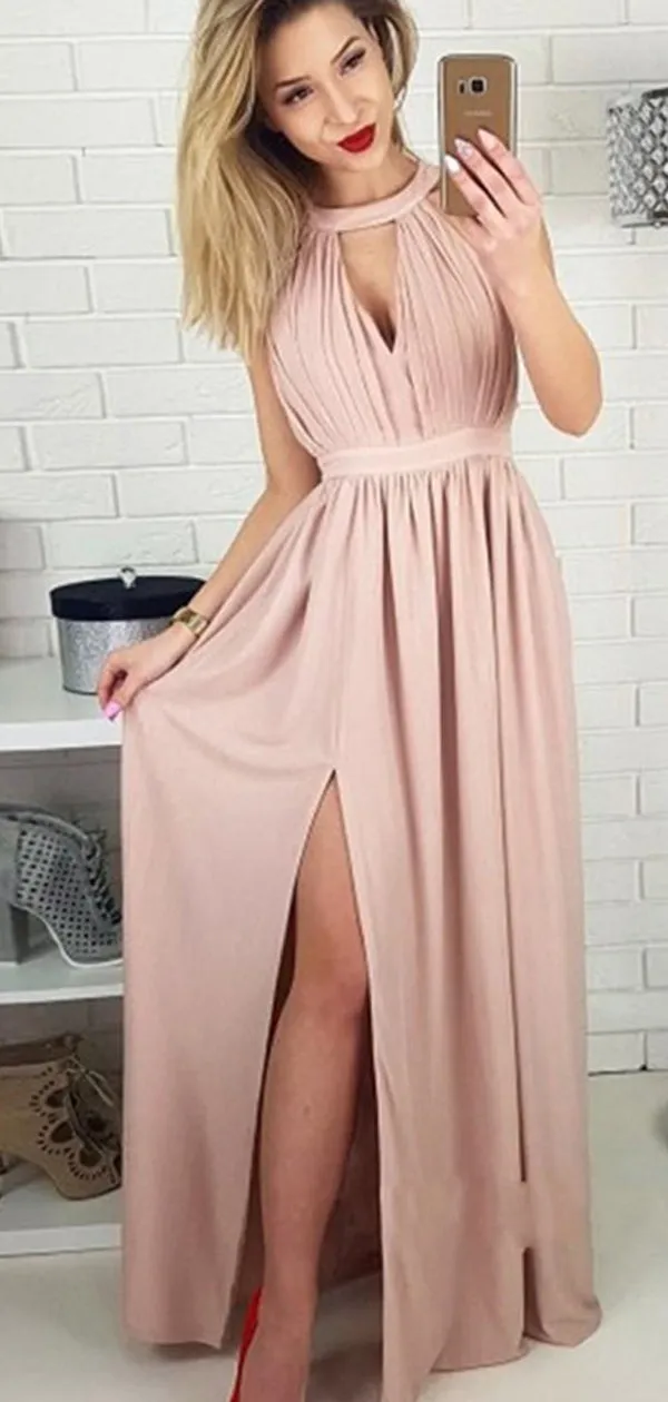 Halter Blush Pink Side Slit A Line Floor Length Long Evening Prom Dresses, PD0029
