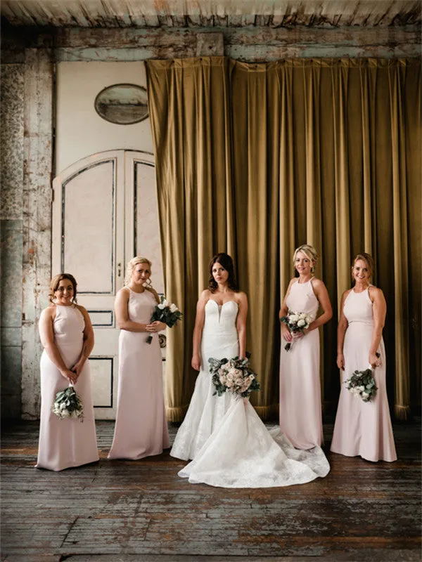 Halter Sheath Floor-length Simple Cheap Long Bridesmaid Dresses, BD0609