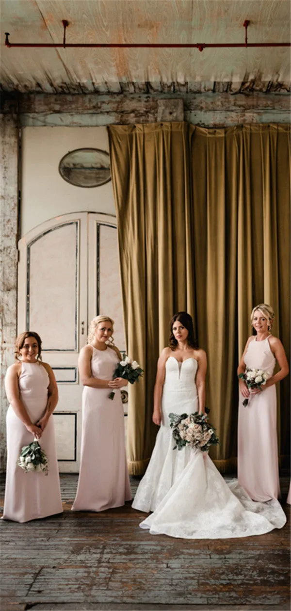 Halter Sheath Floor-length Simple Cheap Long Bridesmaid Dresses, BD0609