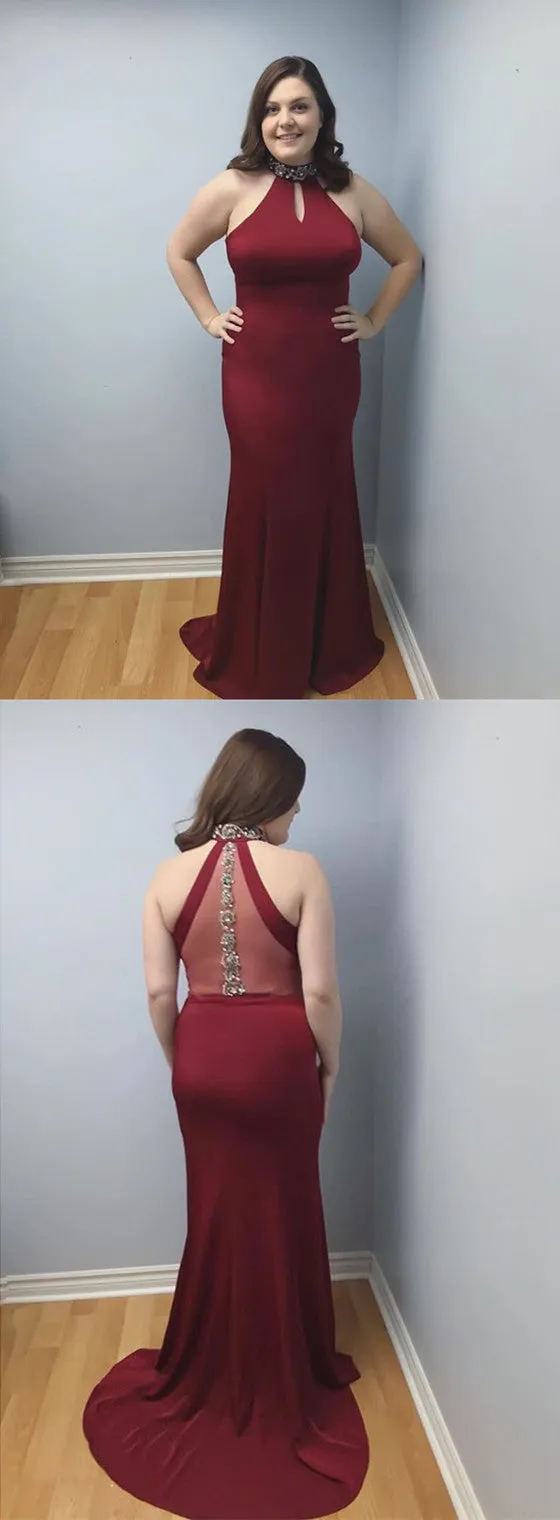 Halter Sleeveless Beading Simple Burgundy Prom Dress, PD0637